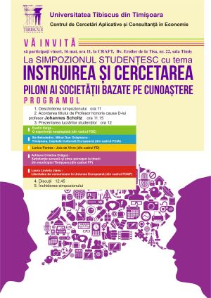 Universitatea "Tibiscus" din Timişoara şi Centrul de Cercetări Aplicative şi Consultanţă în Economie al Facultăţii de Ştiinţe Economice, organizează vineri 16.05.2014, de la ora 11:00, la Facultatea de Ştiinţe Economice, Simpozionul Studenţesc "Instruirea şi cercetarea - piloni ai societăţii bazate pe cunoaştere".