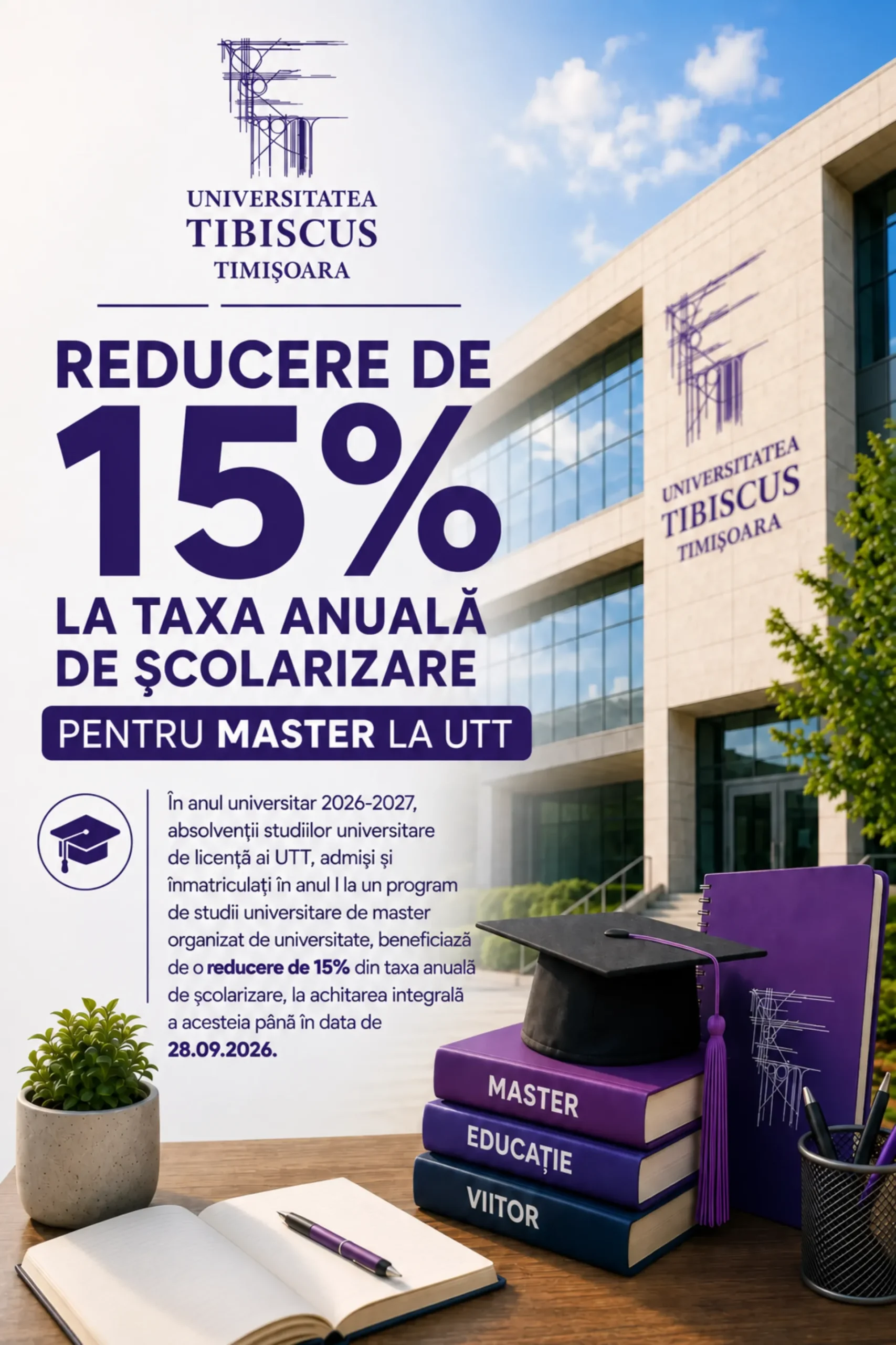 anunt reducere 15 procente taxa master 2026 2027 master Reducere de 15% la taxa de master pentru absolvenții UTT