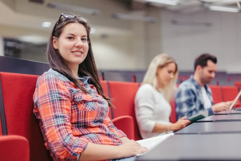 student woman looking camera lecture